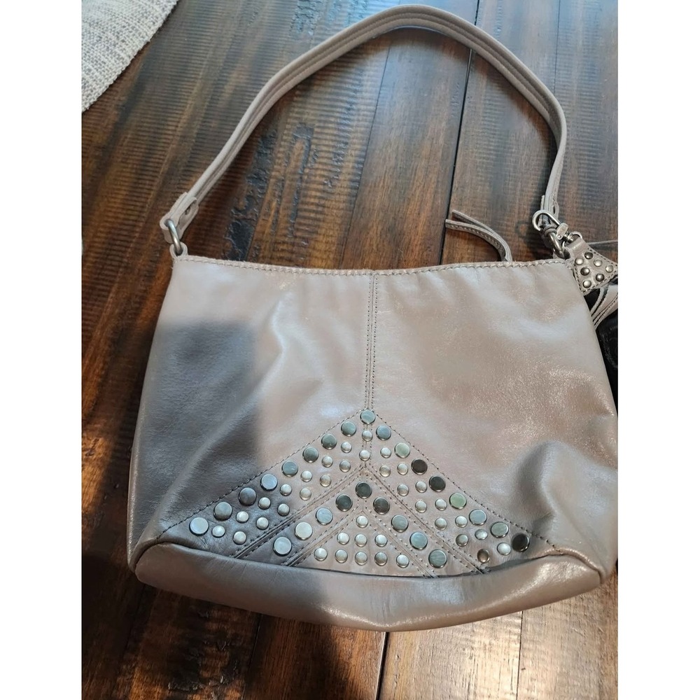 The Sak Indio Gray Leather Studded Tassel Shoulder Bag Hobo Zip Top Medium